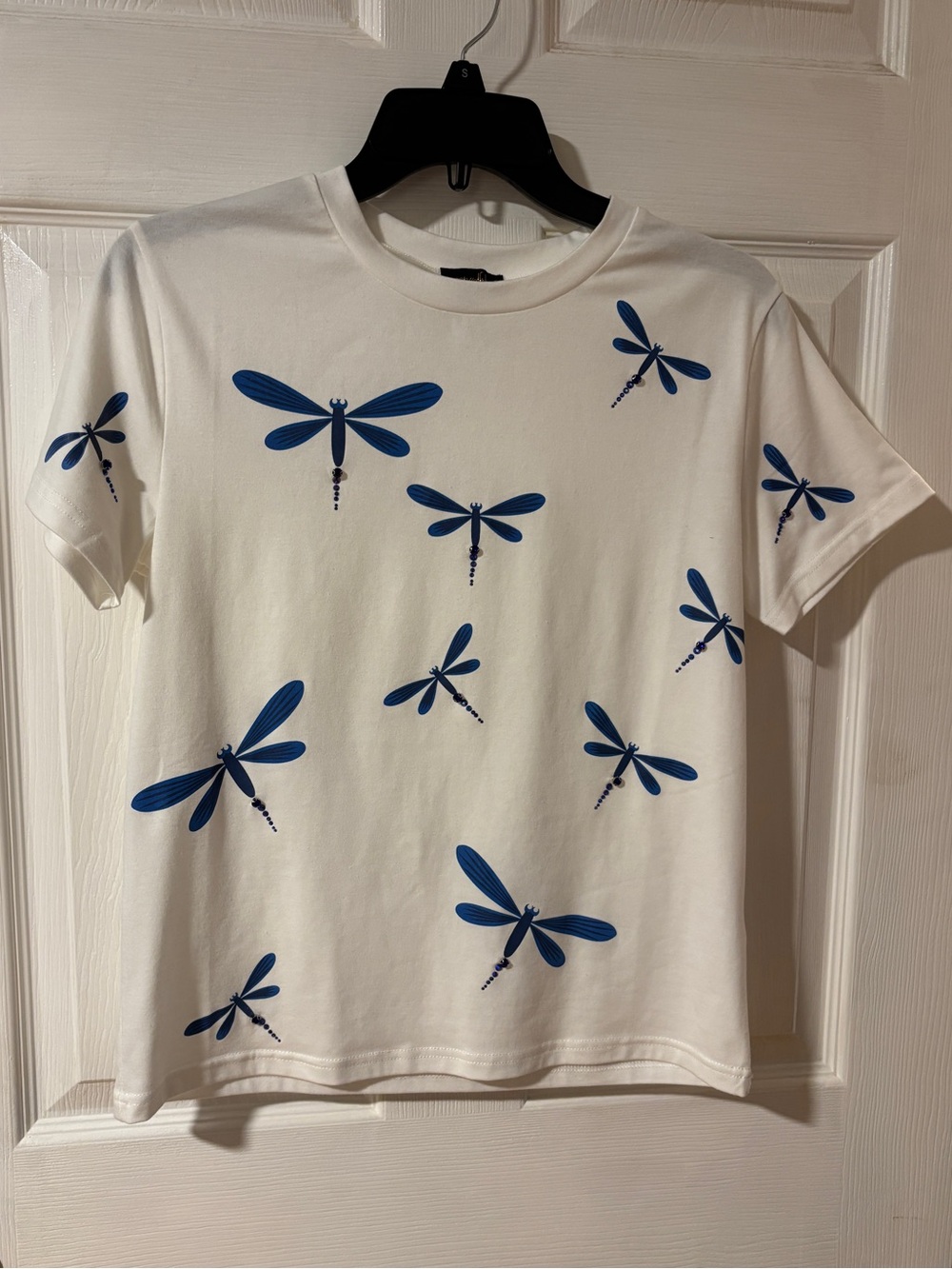 On Twelfth White Tee with Blue Dragonfly Print with Rhinestones S